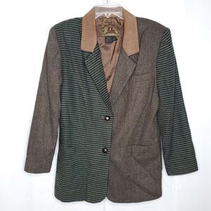 Womens Wool Blazer Jacket M Brown Green Leather Collar Plaid Western Preppy